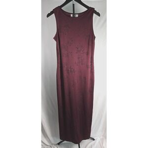 Vintage 90s Y2K Burgundy Floral  Flocked Midi Maxi Dress Sz 11 Whimsigoth Grunge